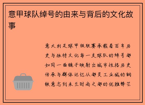 意甲球队绰号的由来与背后的文化故事